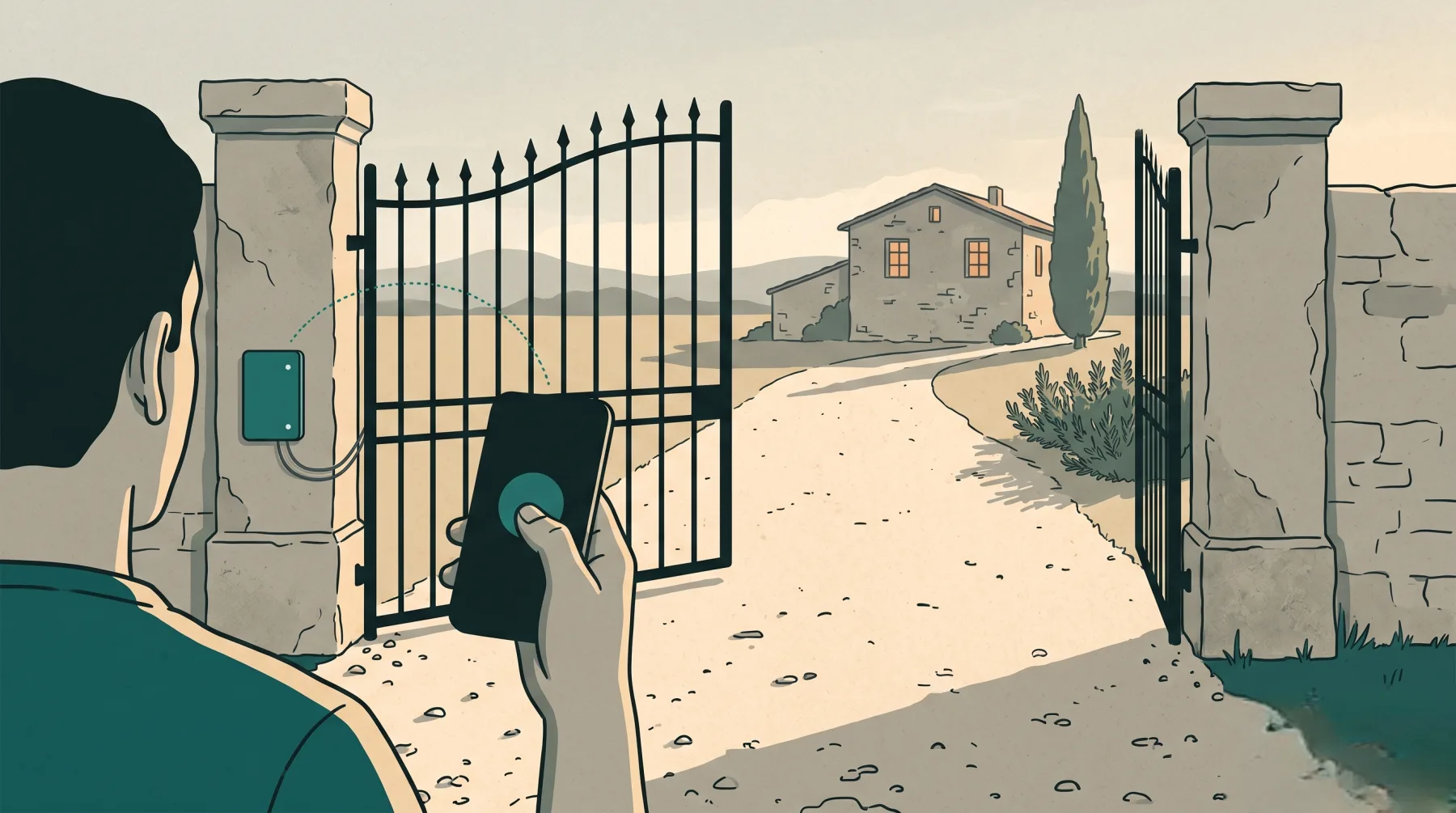 A person seen from behind holds a phone toward a wrought-iron gate. A TapGate controller is mounted on the inside of the stone pillar; a signal arc links the phone to the controller; the gate opens onto a gravel drive leading to a farmhouse.