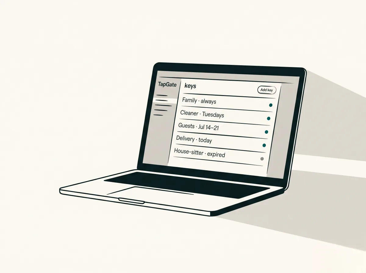 A laptop on a desk showing a list of TapGate keys: family, cleaner, Airbnb guests, delivery, an expired house-sitter.