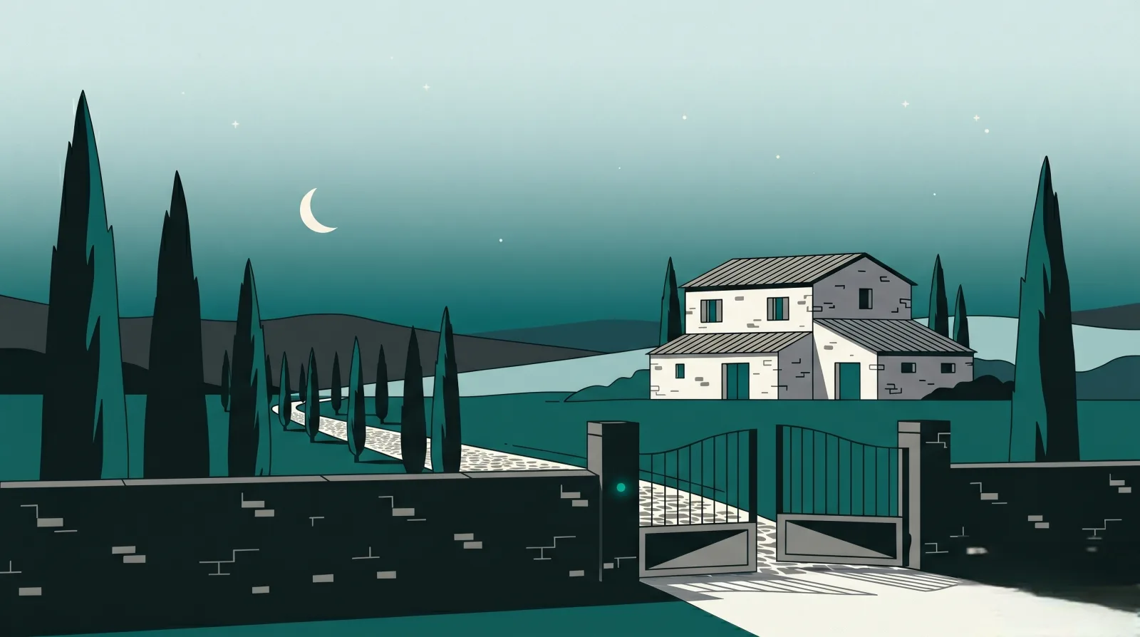 A Provençal farmhouse at blue hour with a gate at the end of a long cypress-lined drive, a crescent moon low above the hills.