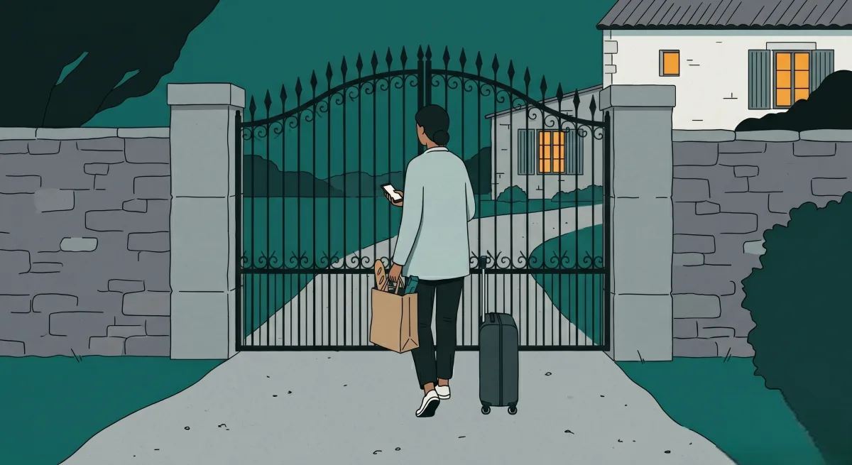 A homeowner walks up a gravel drive at dusk with groceries, phone in hand, as the gate opens ahead of them.
