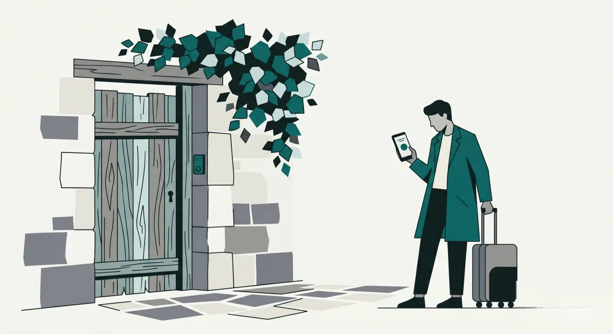 A traveller with a suitcase outside a Mediterranean courtyard gate, tapping a key on their phone.