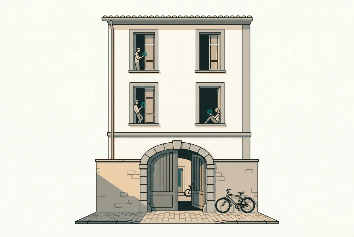Isometric view of a small apartment building with residents in each window holding phones, bicycles in the courtyard.