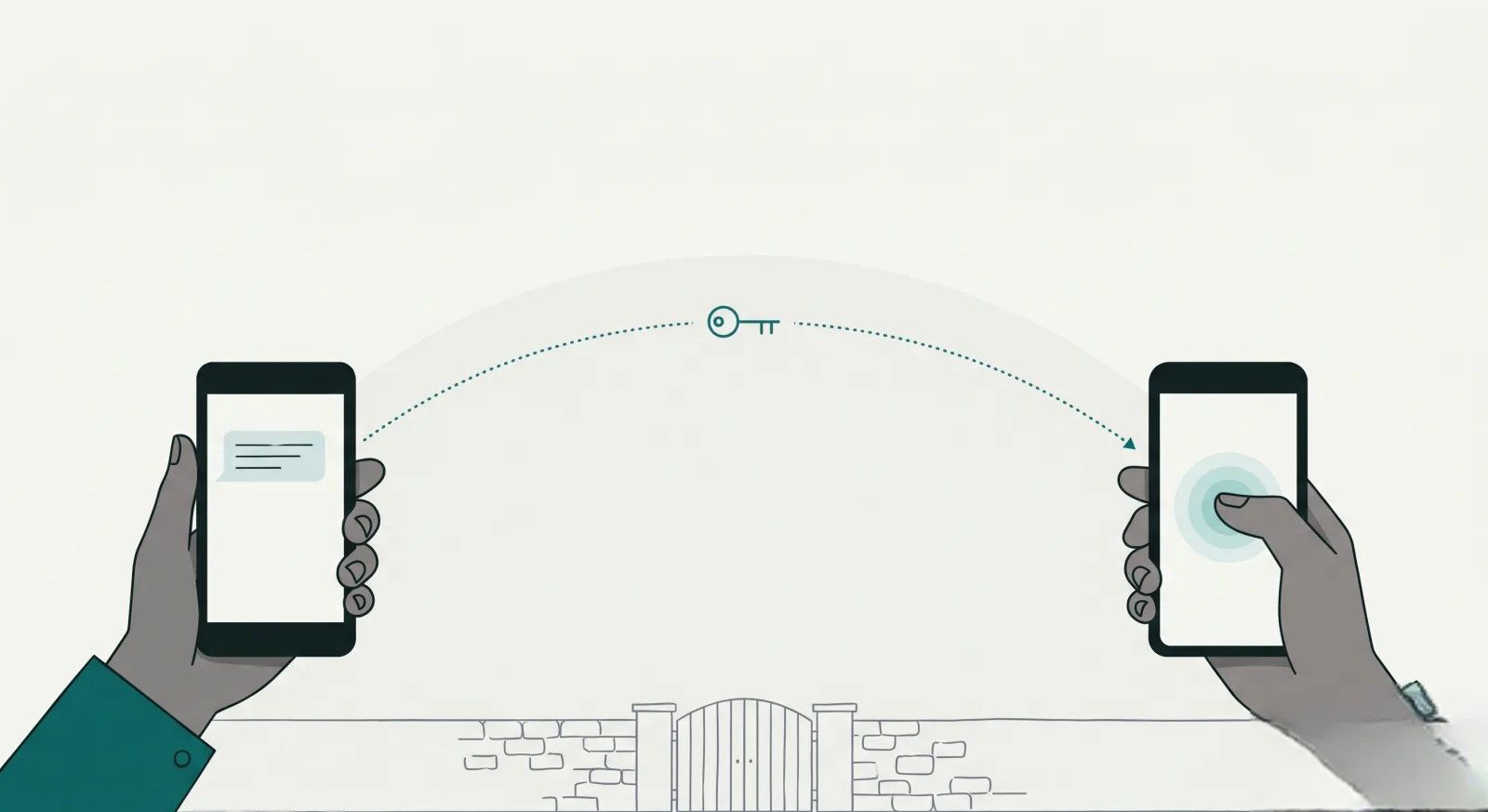 Two hands holding phones, a dotted teal arc with a key glyph travelling between them, a gate anchoring the scene below.